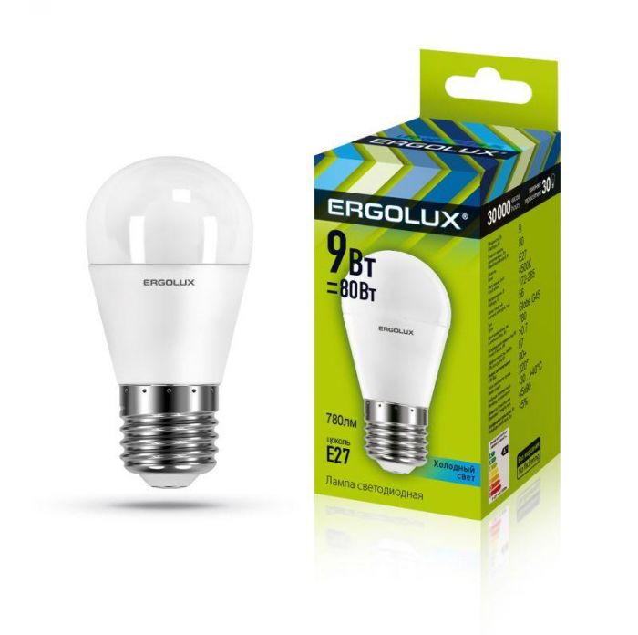 Лампа светодиодная LED-G45-9W-E27-4К Шар 9Вт E27 4500К 172-265В Ergolux 13177